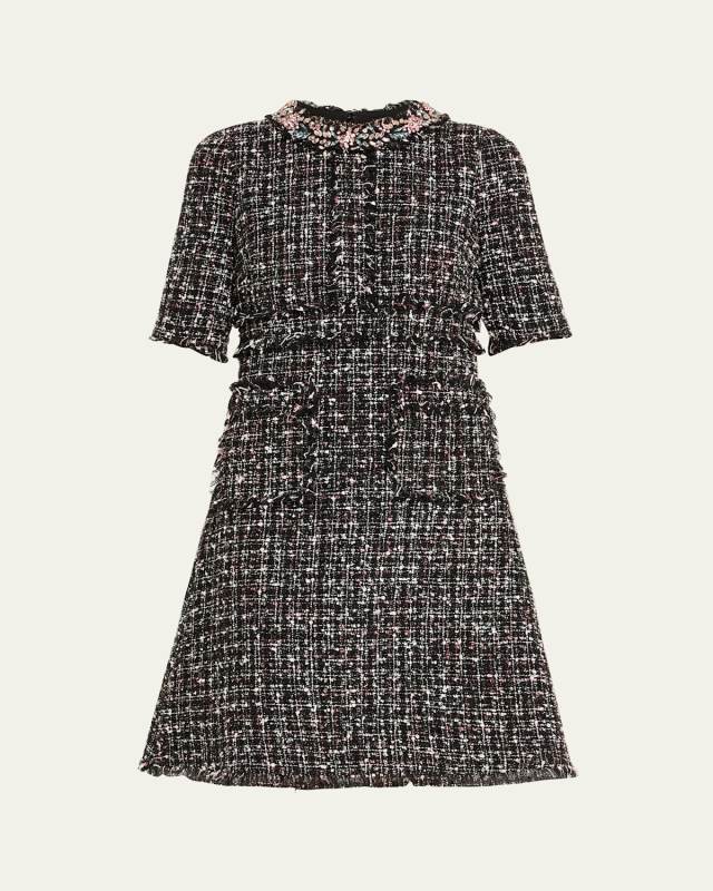 Crystal-Trim Fringed Tweed Dress